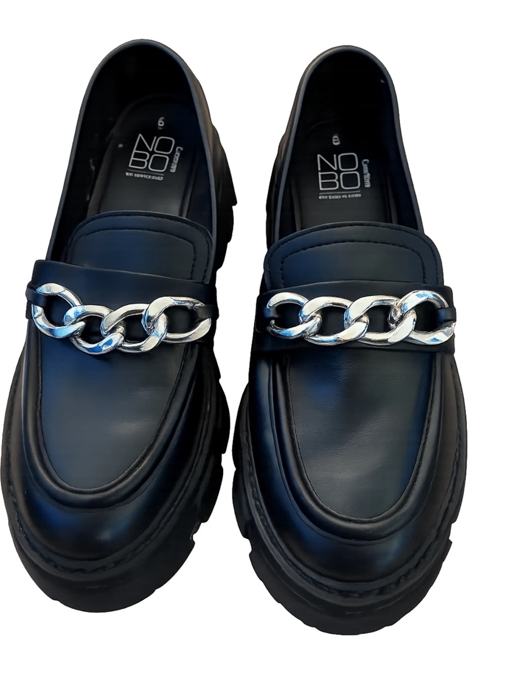 NOBO Black Leather Loafers with Silver Chain Accent